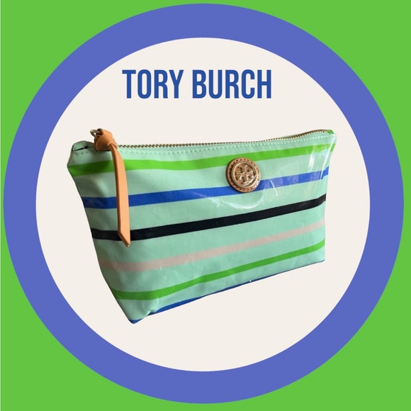 TORY BURCH NEW MAKEUP COSMETIC BAG MINT STRIPE ZIP TOP Mother’s Day gift - Picture 1 of 8